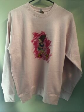 Pink Crewneck Sweatshirt with Cartoon Roller Girl Graphic
